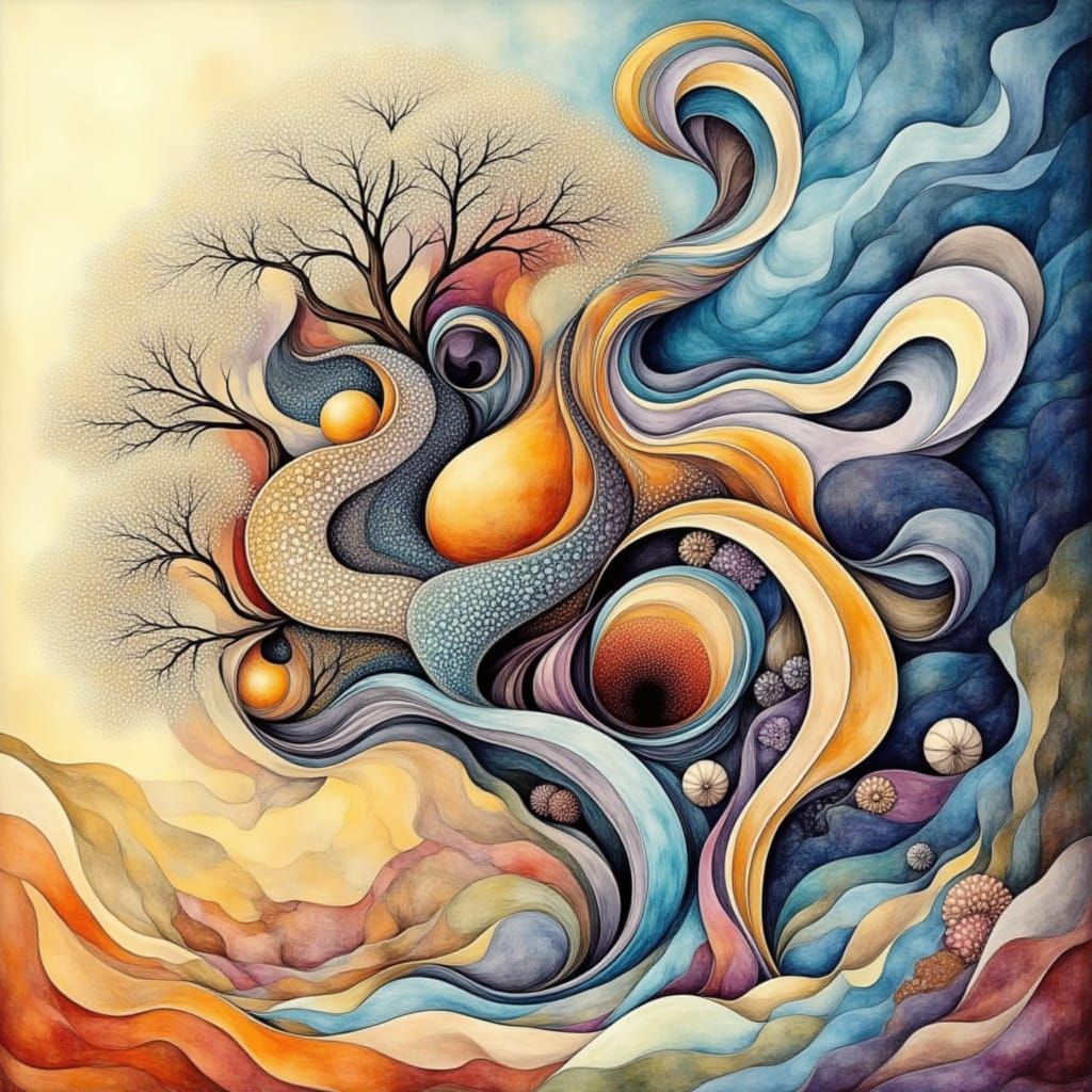 Dreamlike Landscape with Geometric Shapes in Vibrant Colors