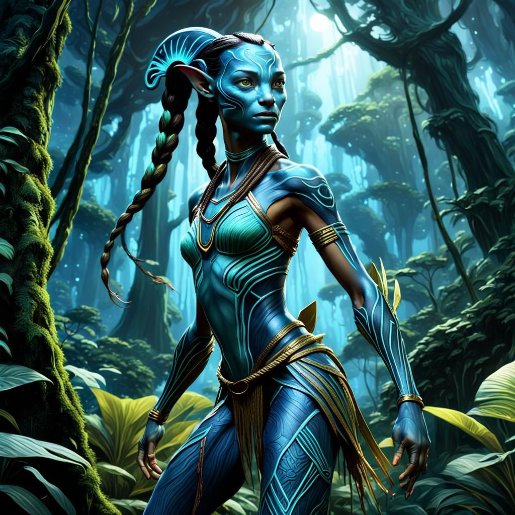 Neytiri, Avatar, Pandora, lush, forest, bioluminescent, nigh...