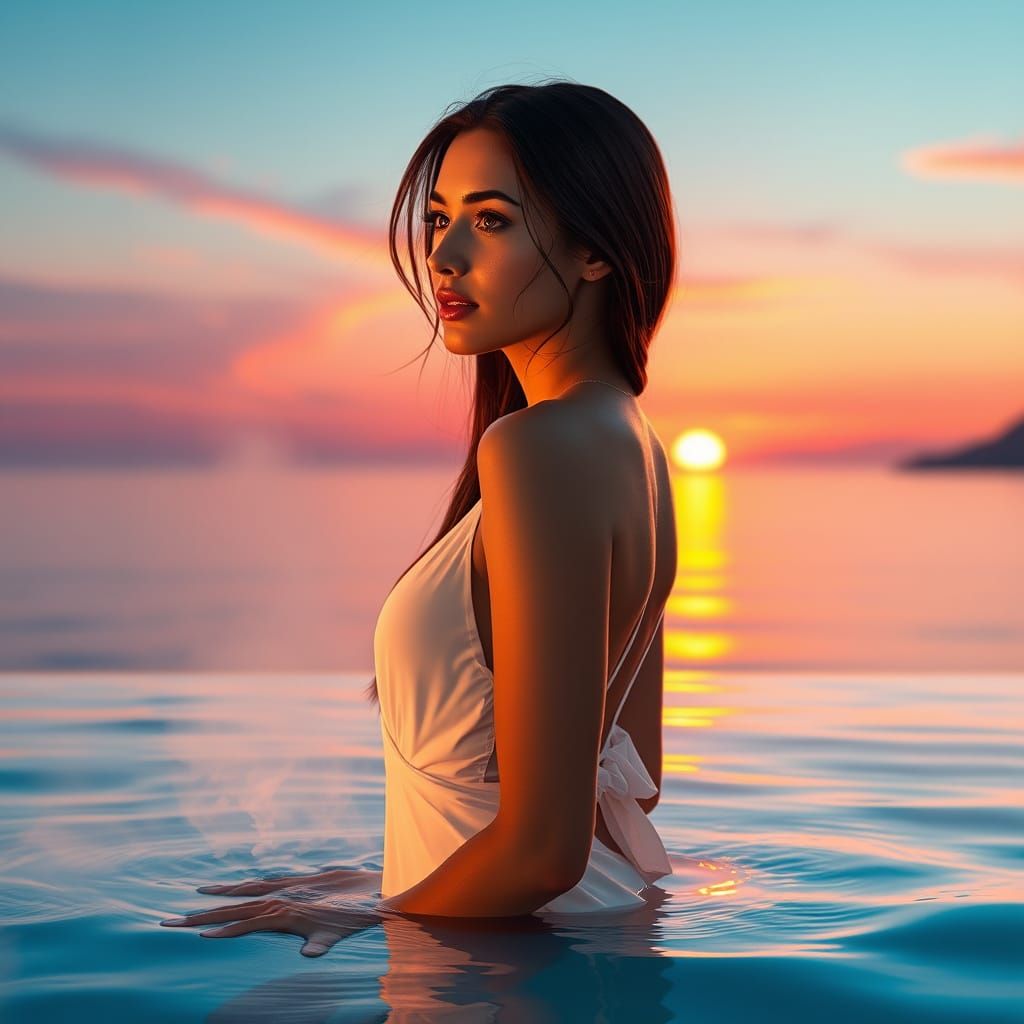 Hyperrealistic Sunset Goddess in Vibrant Mediterranean Scene