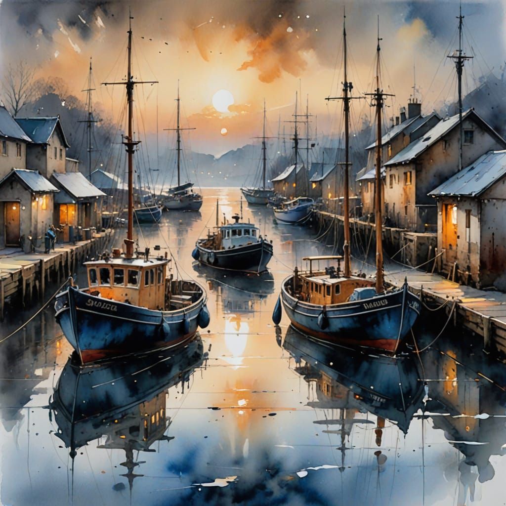 Old Boats Docked at Sunset in Painterly Realism