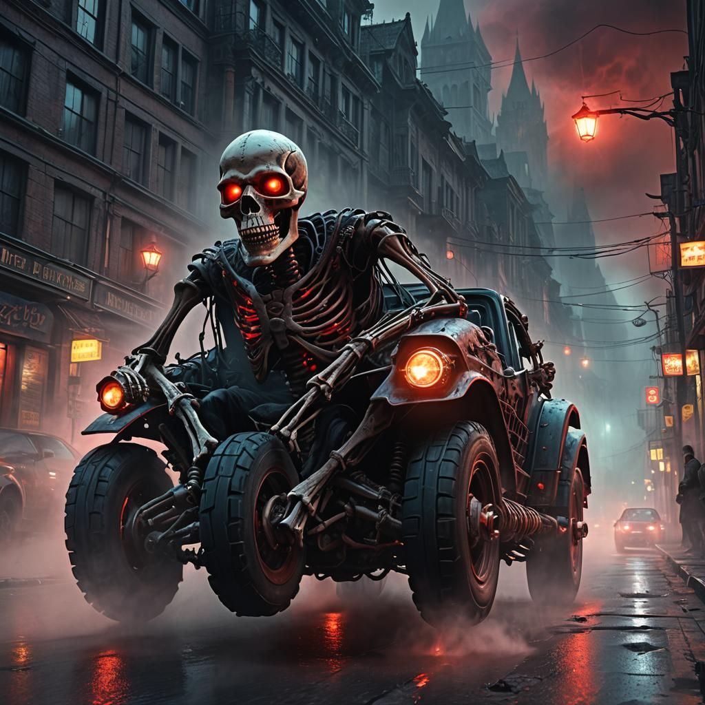 Skeleton Rides Scary Car in Dark Fantasy City
