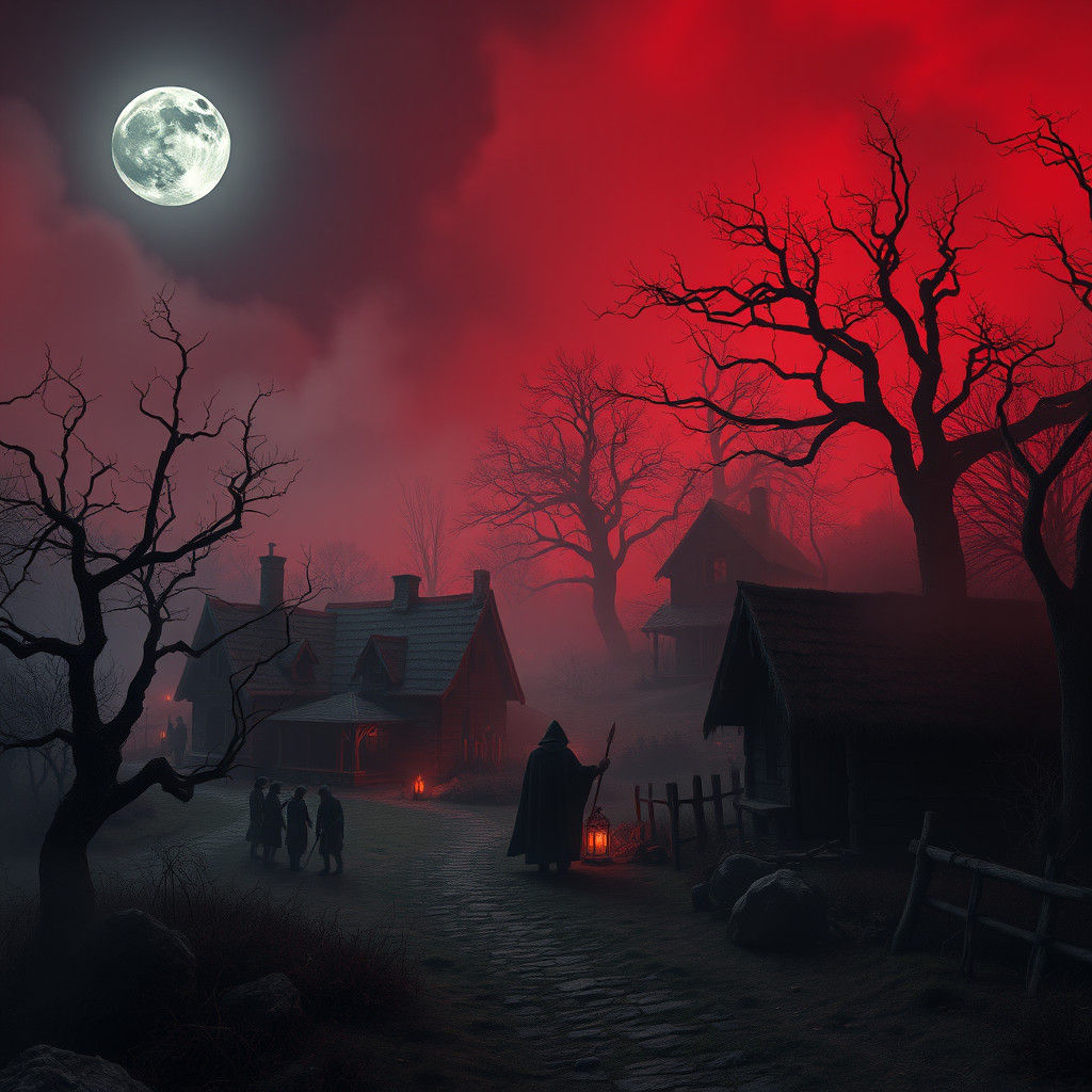 Eerie Crimson Village Ritual Under Blood Moon