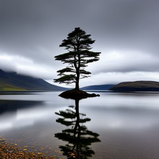 Lone Pine Reflects Stormy Sky on Loch