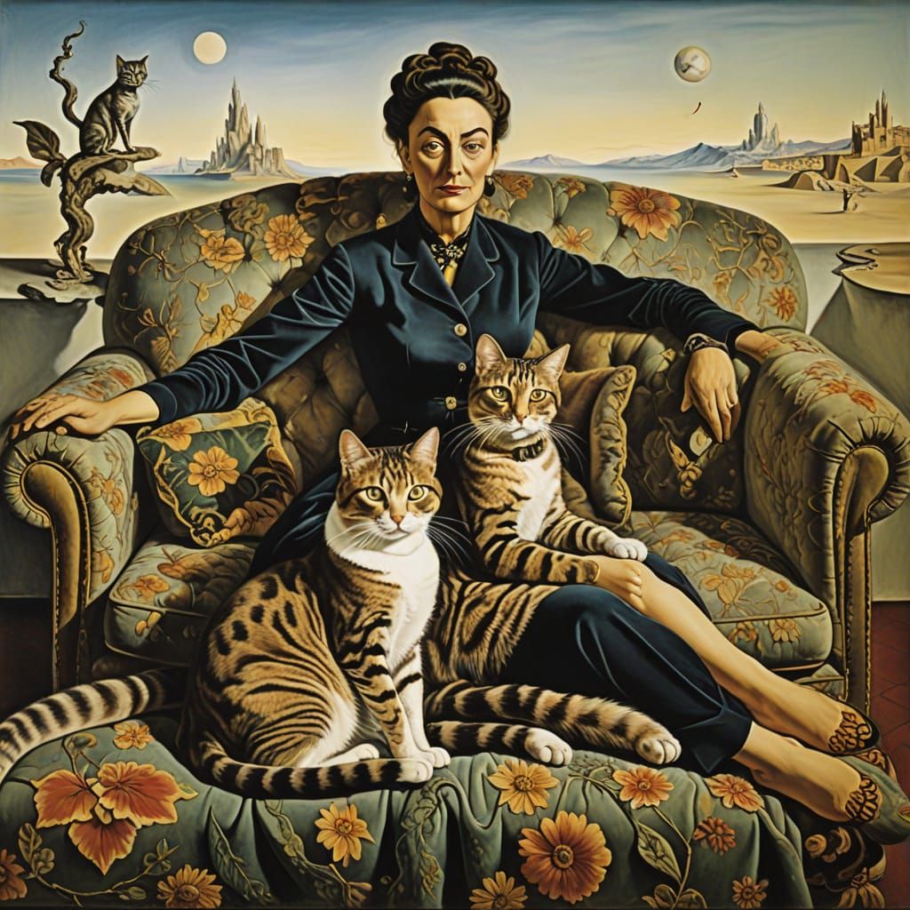 Surreal Scene of a Woman and Cat in a Dreamlike Sofa Setting