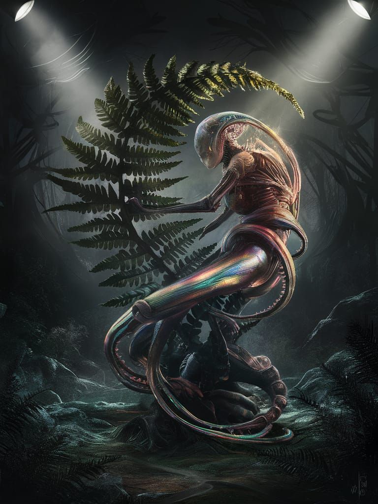 Mystical Creature Merges with Biomechanical Forest