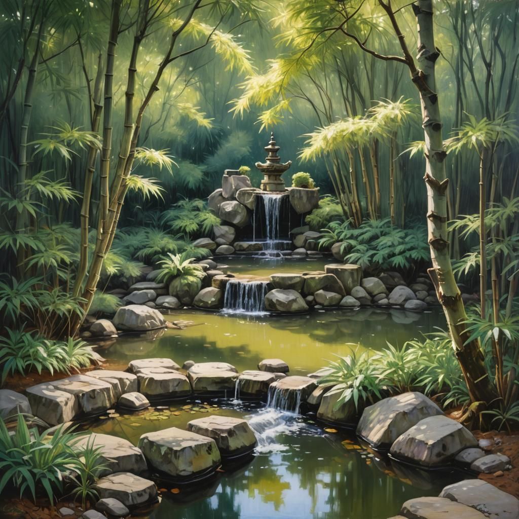 Serene Japanese Garden Fountain in Sunlight