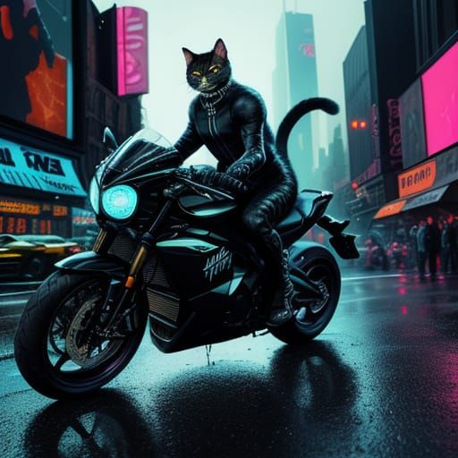 Cat Rides Motorcycle Through Neon-Lit NYC in Vivid Digital A...