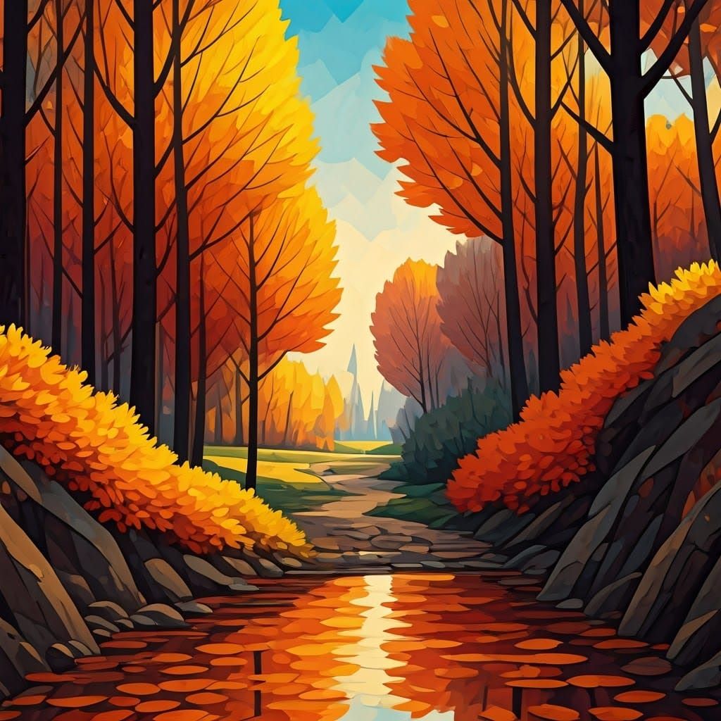 Neo-Cubist Autumn Landscape Collage in Art Deco Style