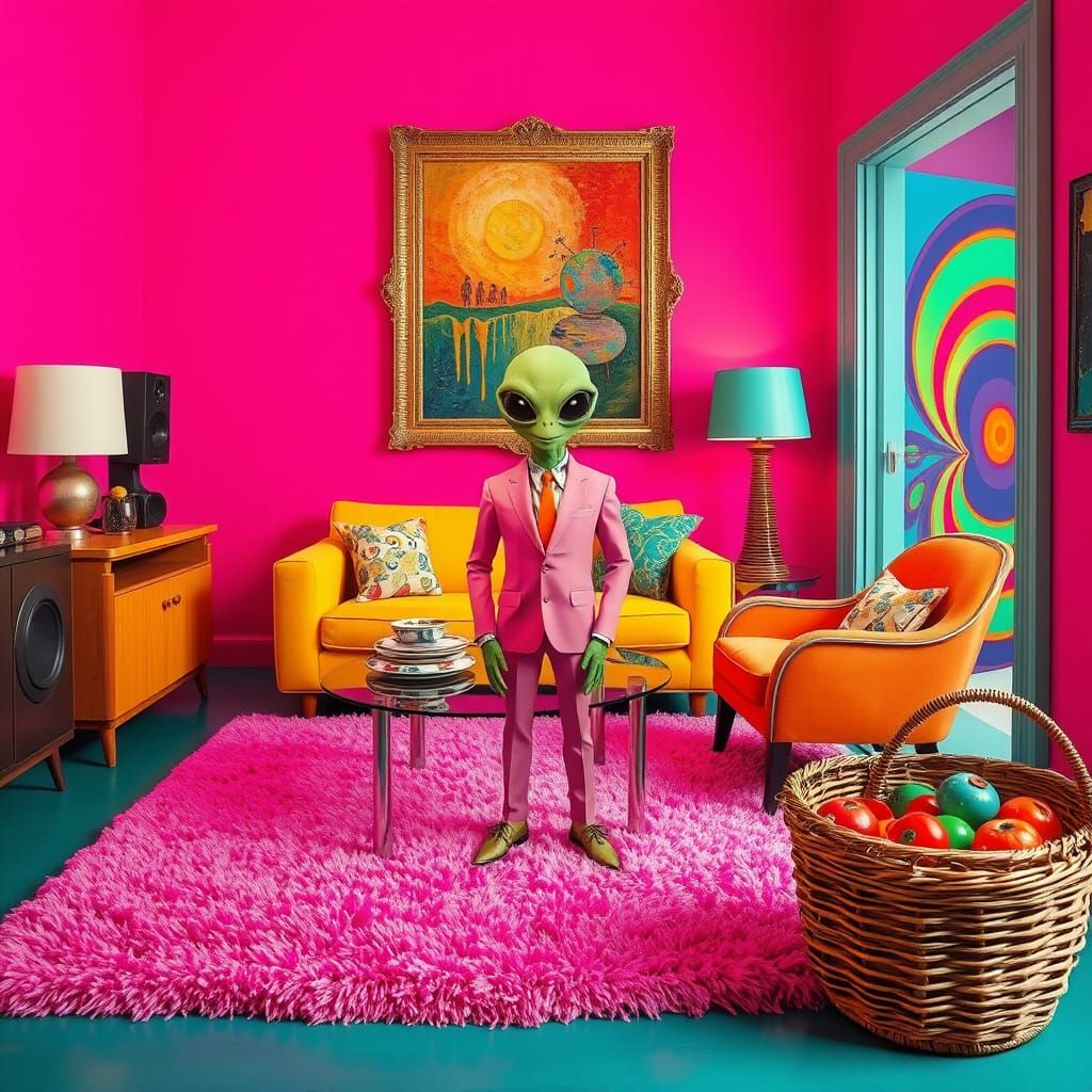 Vibrant Surreal Living Room Scene with Green Alien in Pink S...