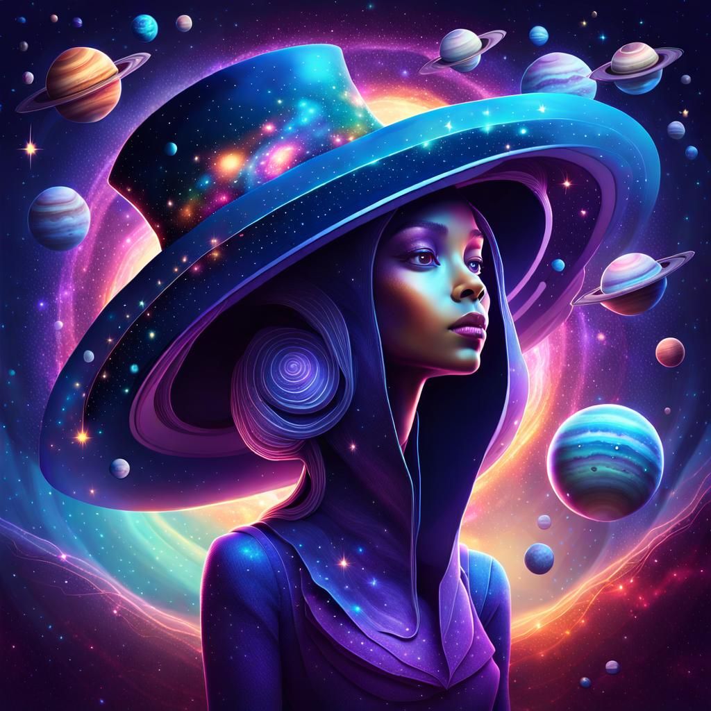 Cute Alien Portrait in Galaxy Top Hat, Digital Art