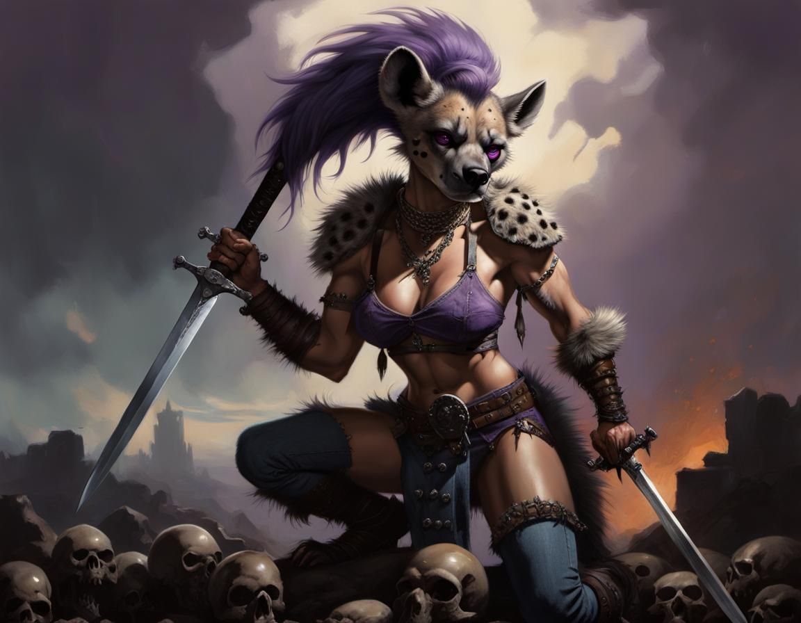 Frazetta-Style Hyena Barbarian Queen on Battlefield