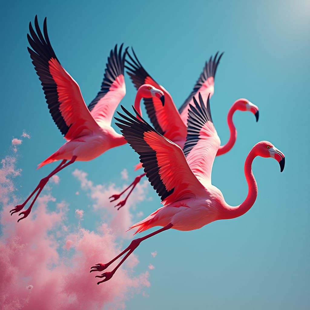 Flamingos Soaring in Dreamlike Surrealist Style