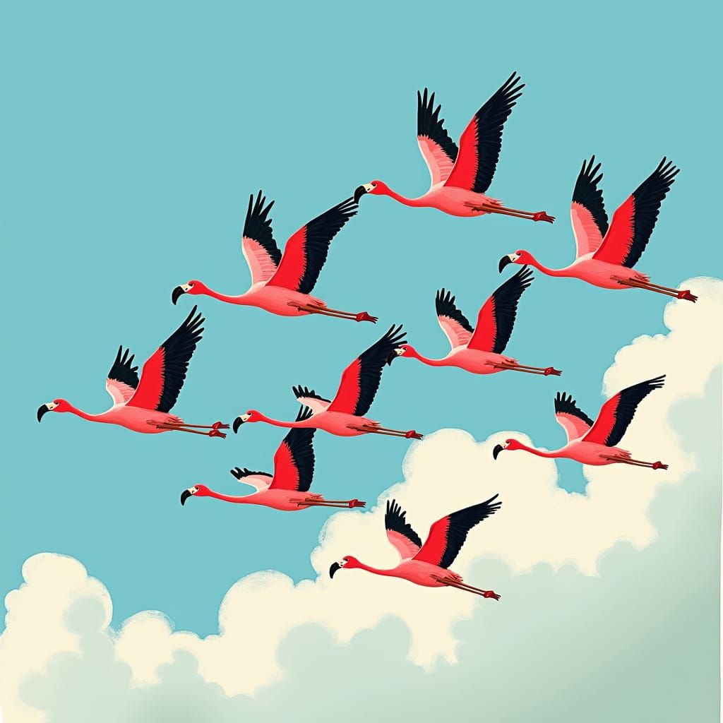 Whimsical Flamingos Flock in Flight