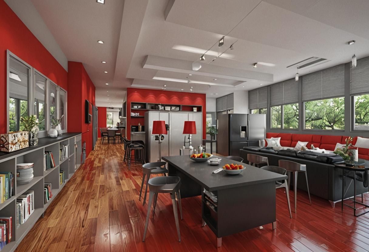 Photorealistic Open-Plan Living Space with Red Panels