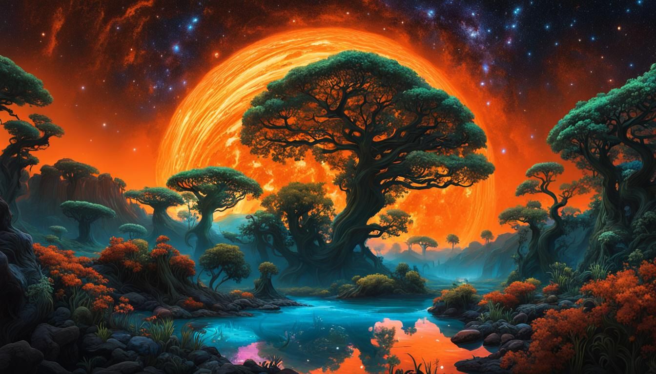 Bioluminescent Garden Under a Cosmic Sky