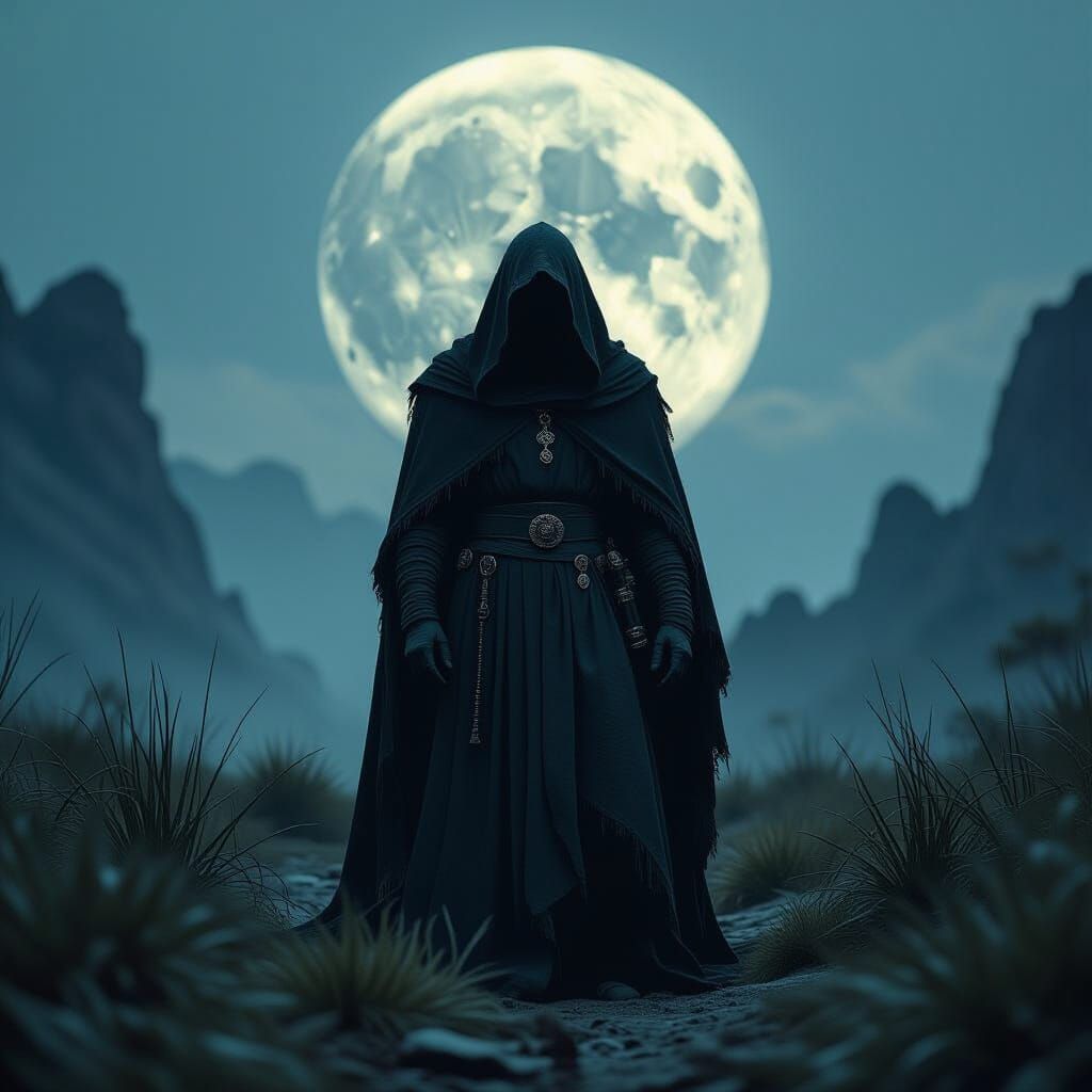 Mystical Necromancer in Moonlit Landscape on 35mm Film