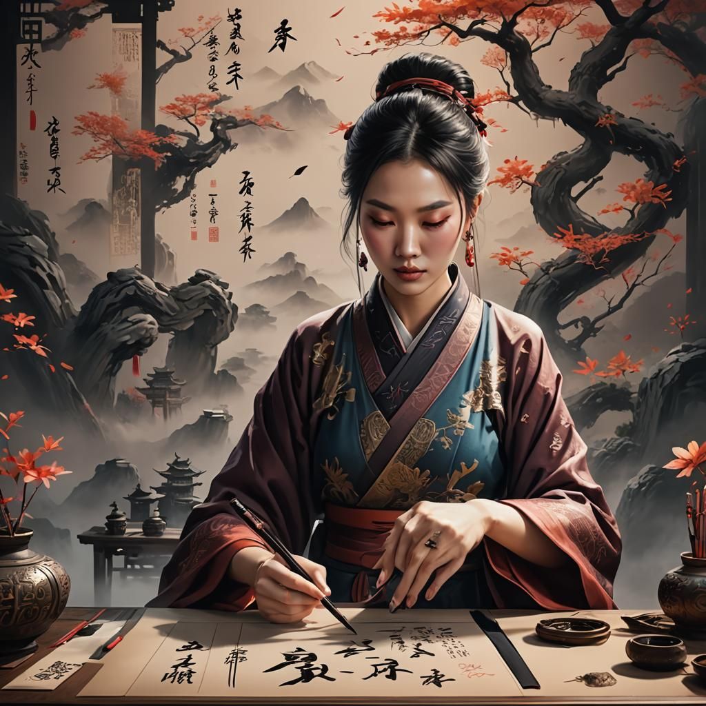 Young Woman Writes Chinese Calligraphy in Detailed Painting