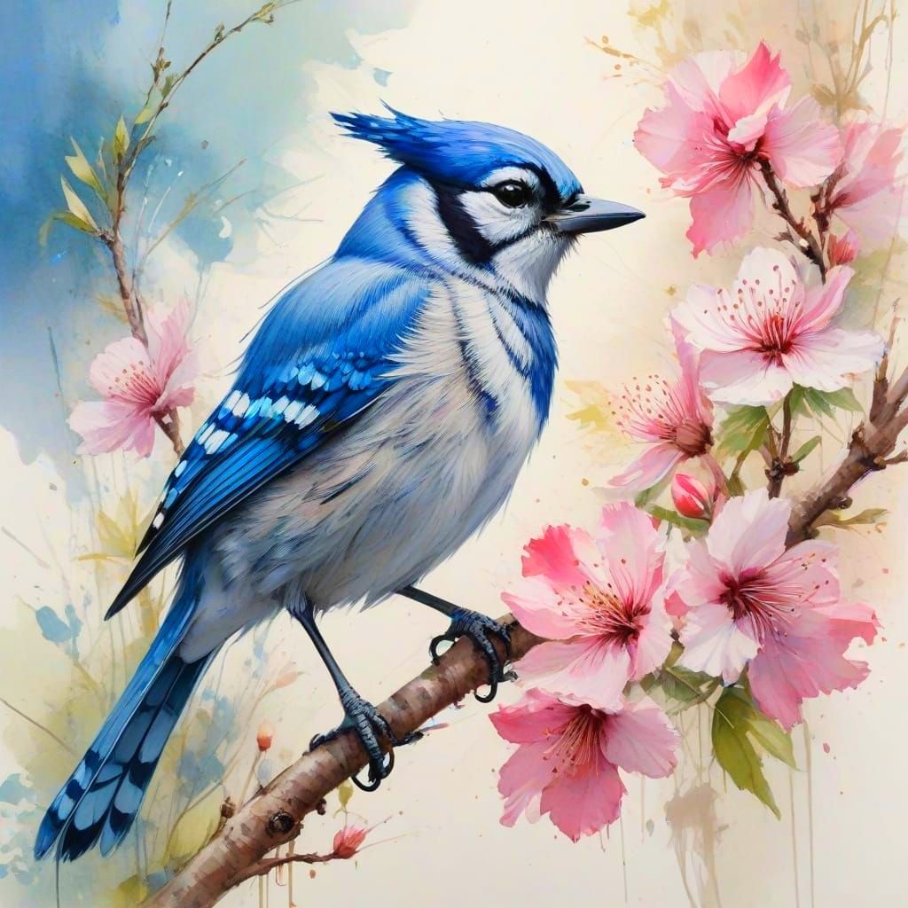 Vibrant Spring Scene with Bluejay in Watercolour Style