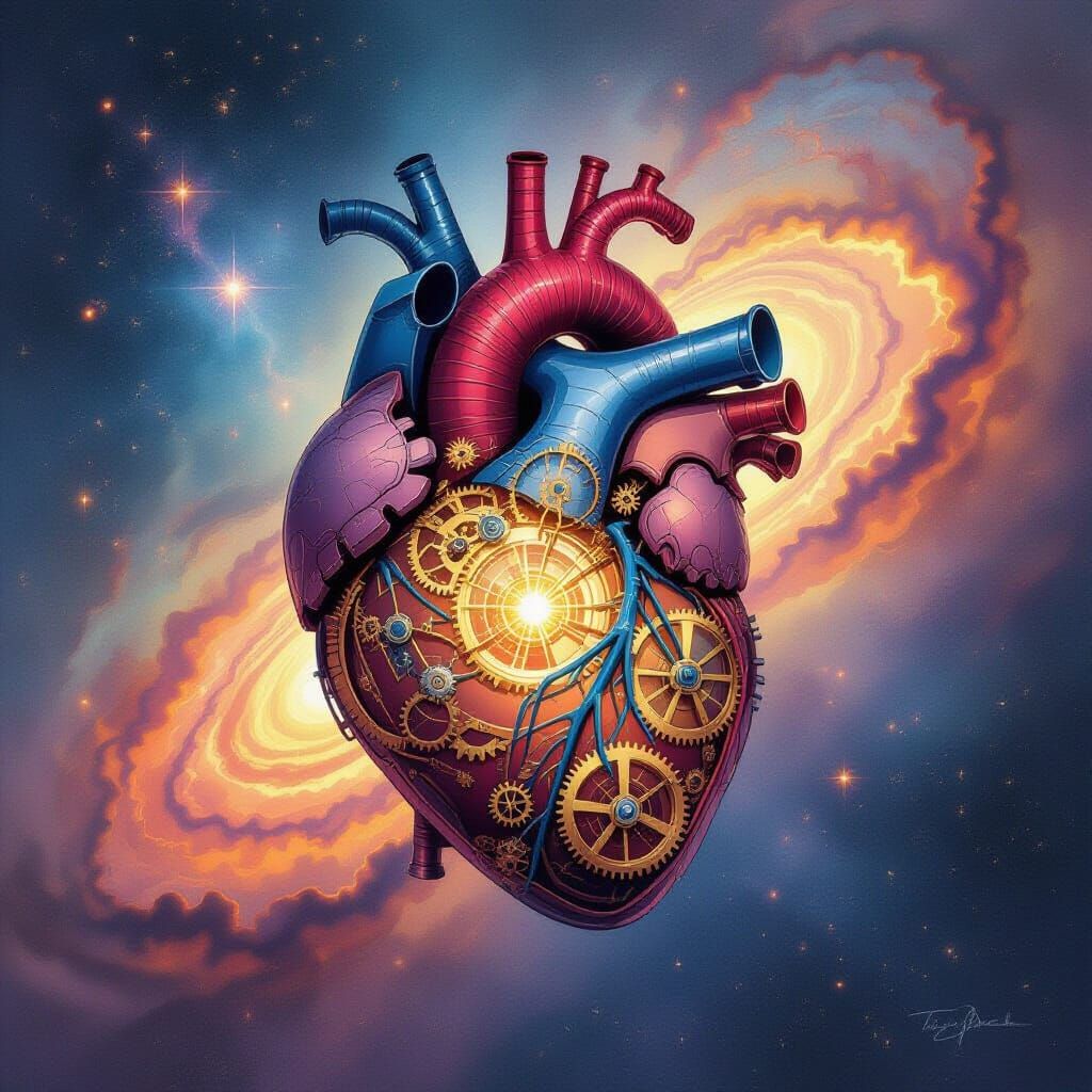 Clockwork Heart in Cosmic Nebula, Watercolor and Ink Style