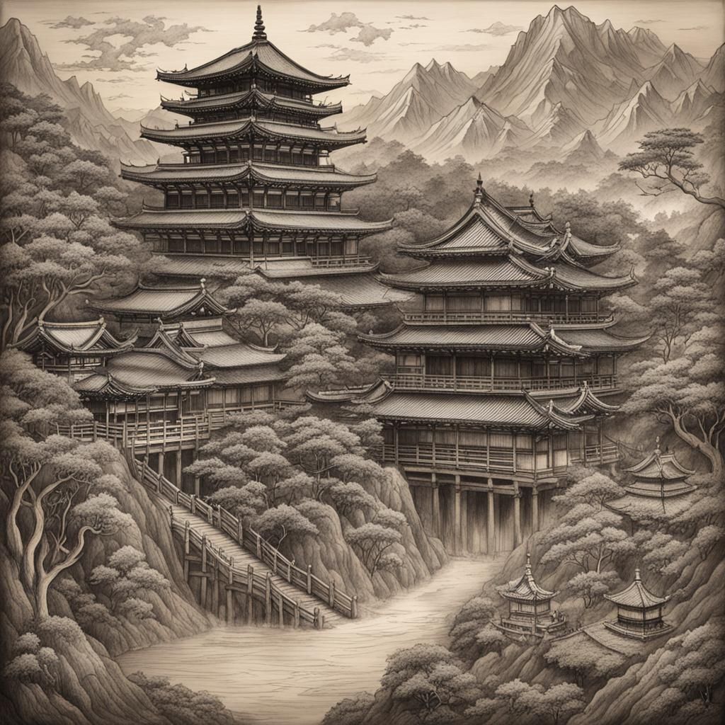 Ancient Japan on World Map: Charcoal Drawing