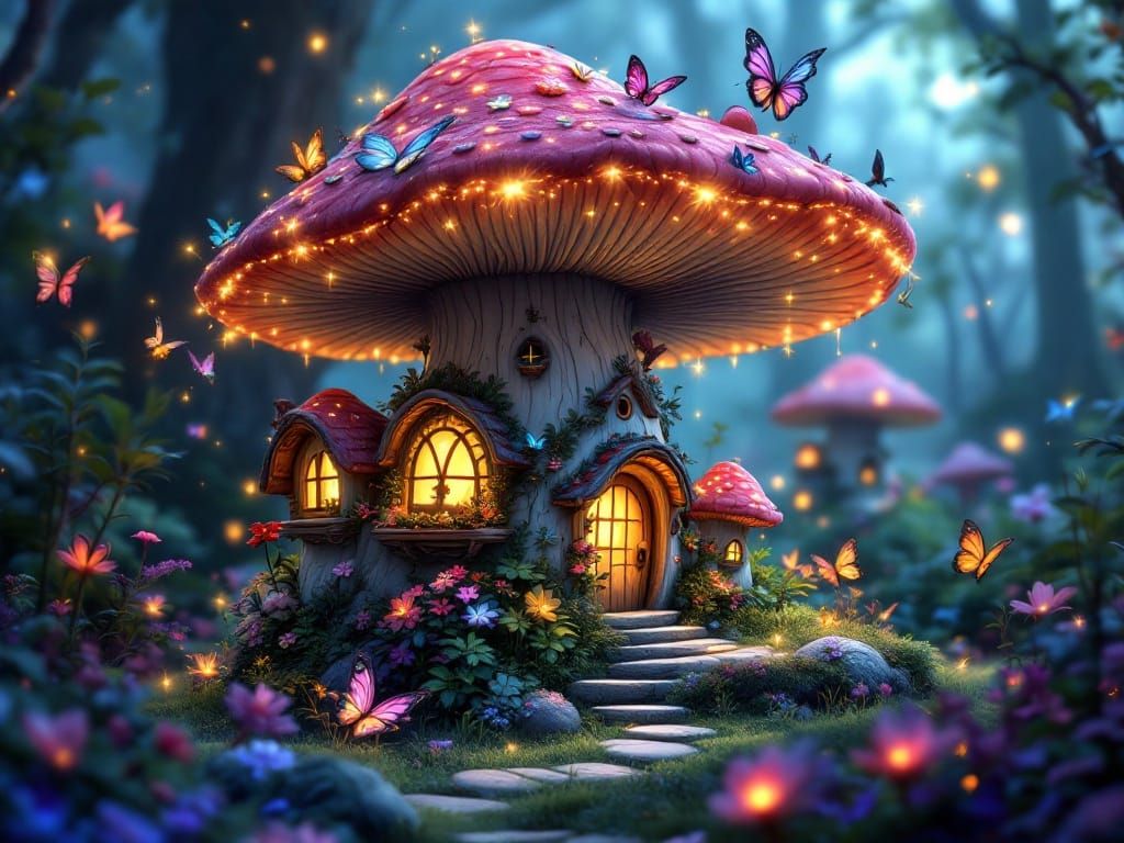 Whimsical Fairy Mushroom Houses in Luminous Forest