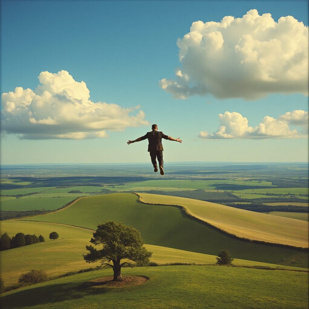 Man Flying Over Landscape in Magritte Style