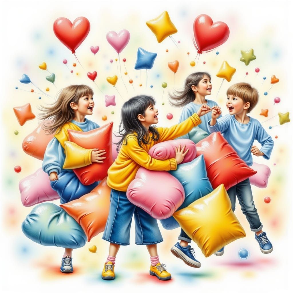 Children's Pillow Fight in Watercolor Kidcore Style
