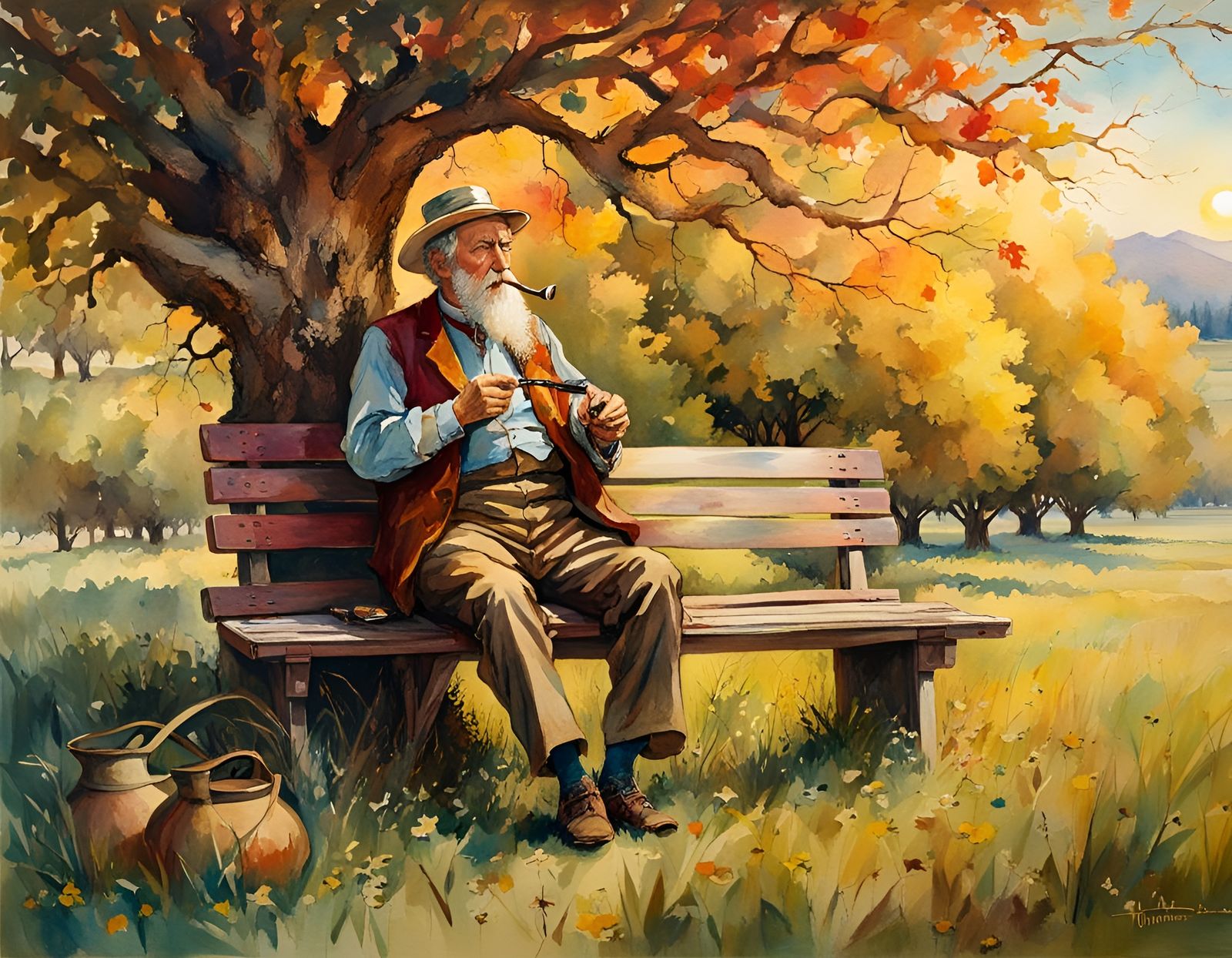 Irish Man in Orchard, Loose Watercolor Painting