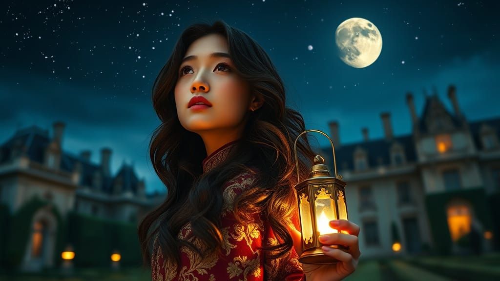 Ethereal Japanese Beauty in Moonlit French Gardens