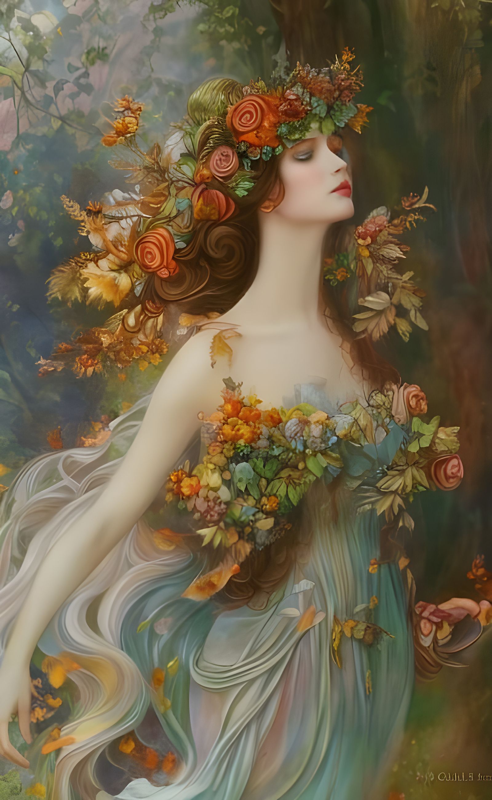 Autumn Forest Goddess in Magical Forest: Digital Art