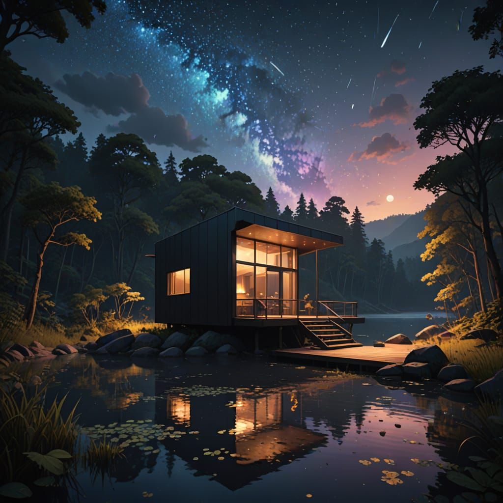 Mystical Lake Cabin in Hyper-Realistic Postmodern Style