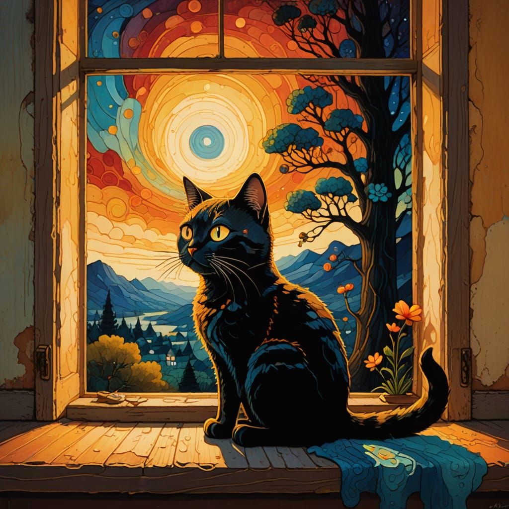 Whimsical Cat on Windowsill - Vibrant Acrylic Painting