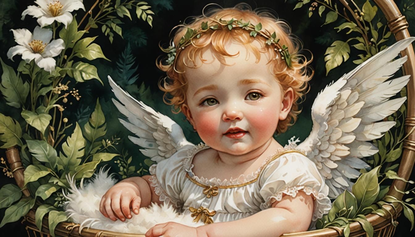 Cherub with Fangs in Bassinet: Victorian Watercolor Art