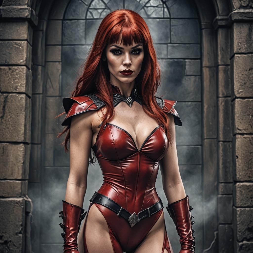 Gorgeous Redhead in Vampirella Costume, Hyperrealistic Image