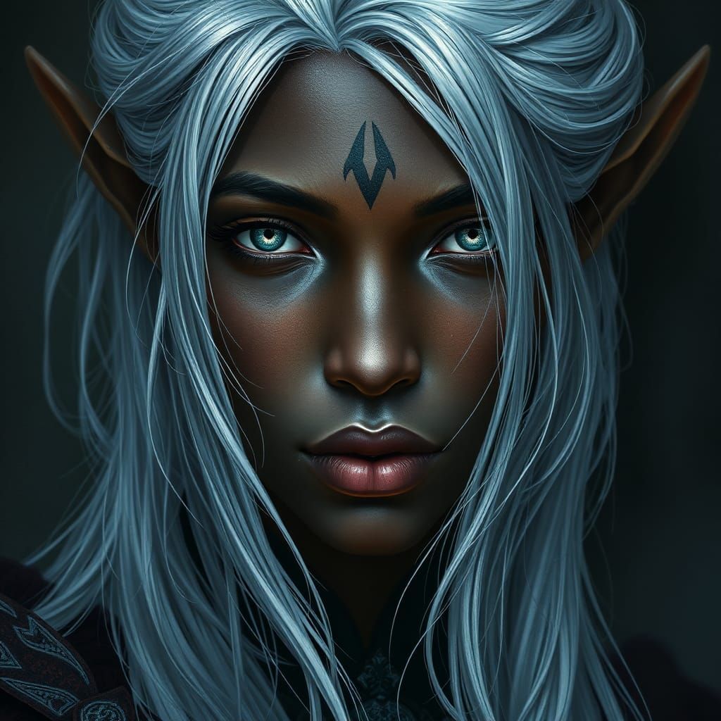 Portrait of a black elf woman with silver hair. elven portrait