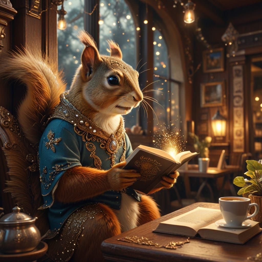 Squirrel Reader in Fantasy Coffee Shop, Rutkowski Style
