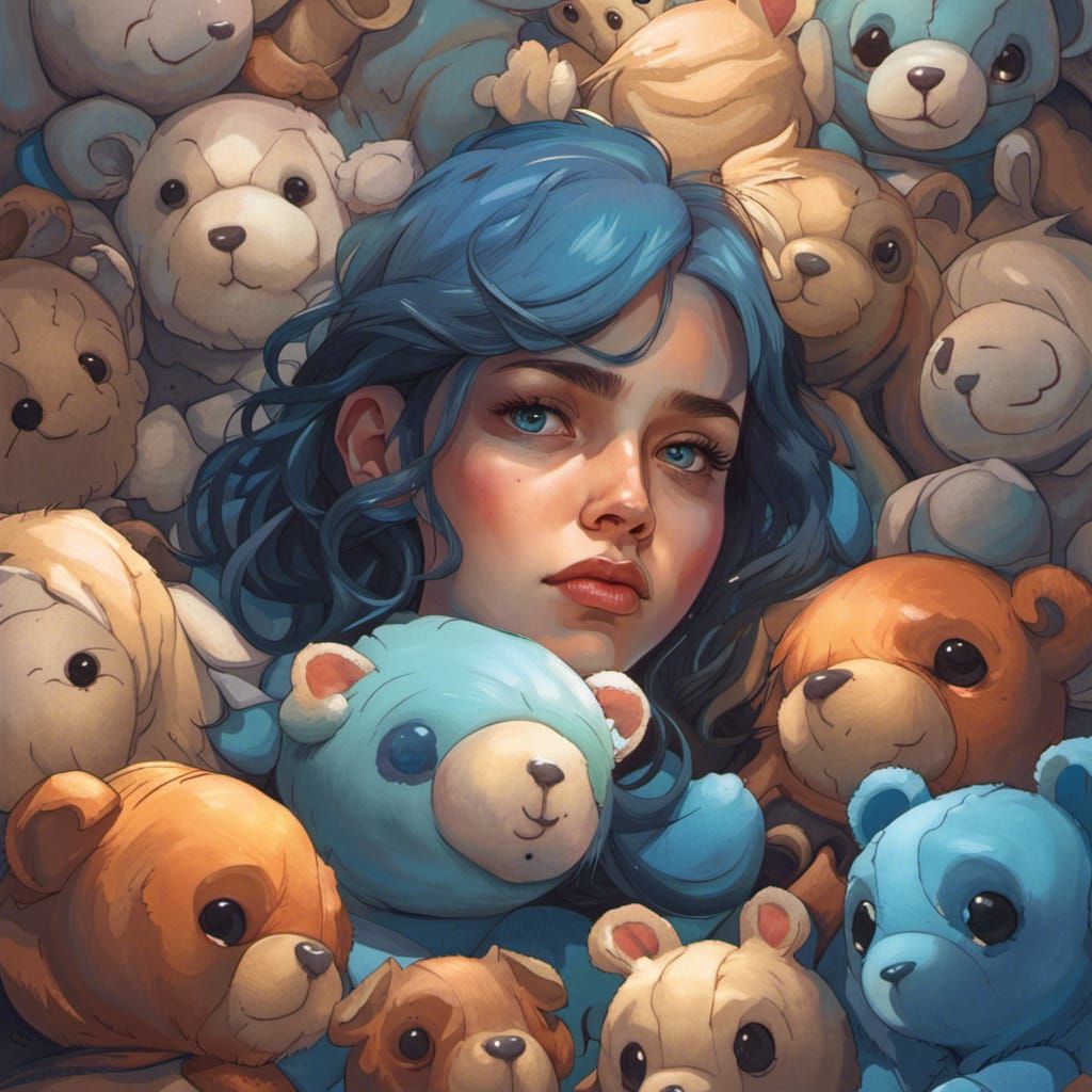 Sad Girl Surrounded by Blue Toys, Detailed Portrait