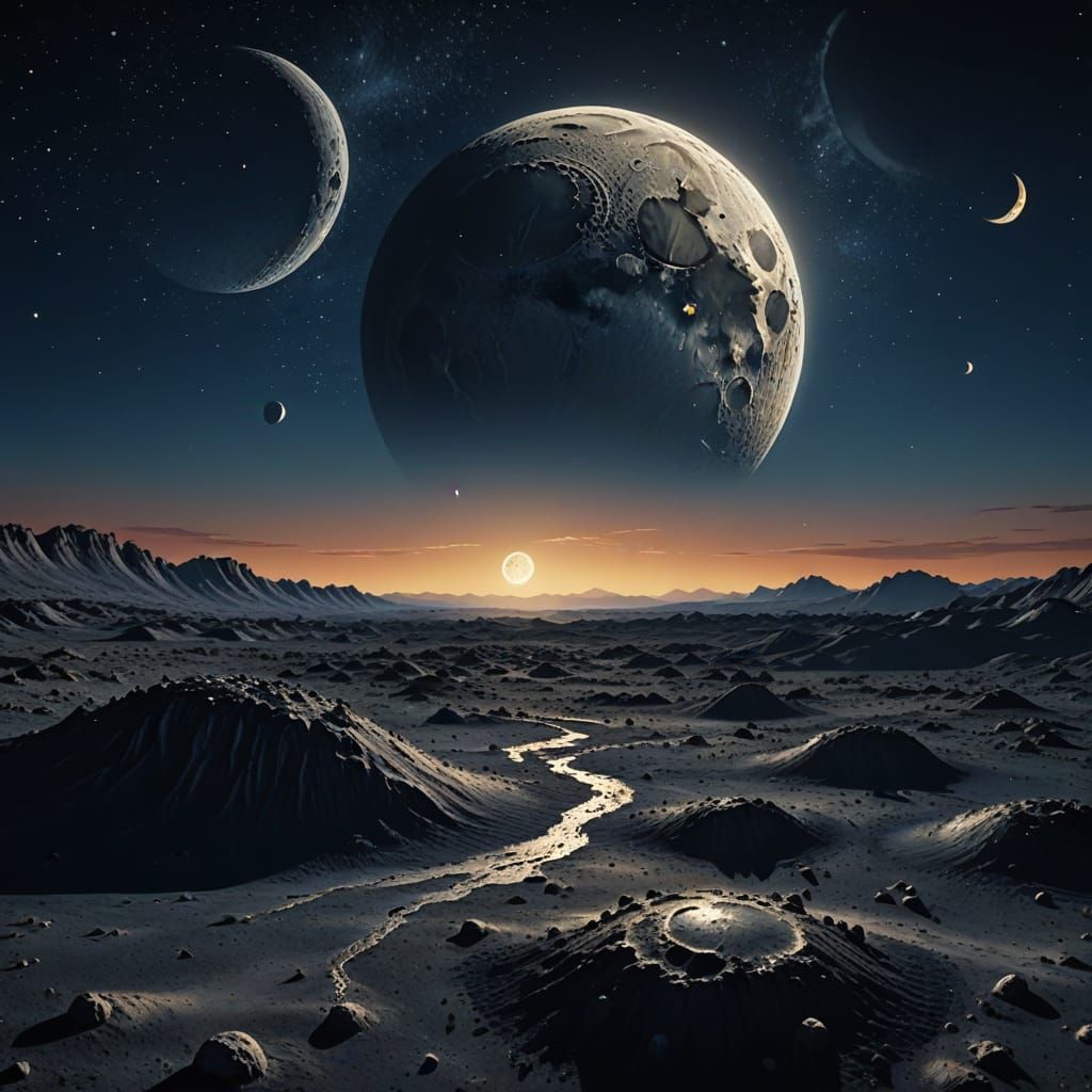 Cinematic Moonscape with Golden Hour Lighting