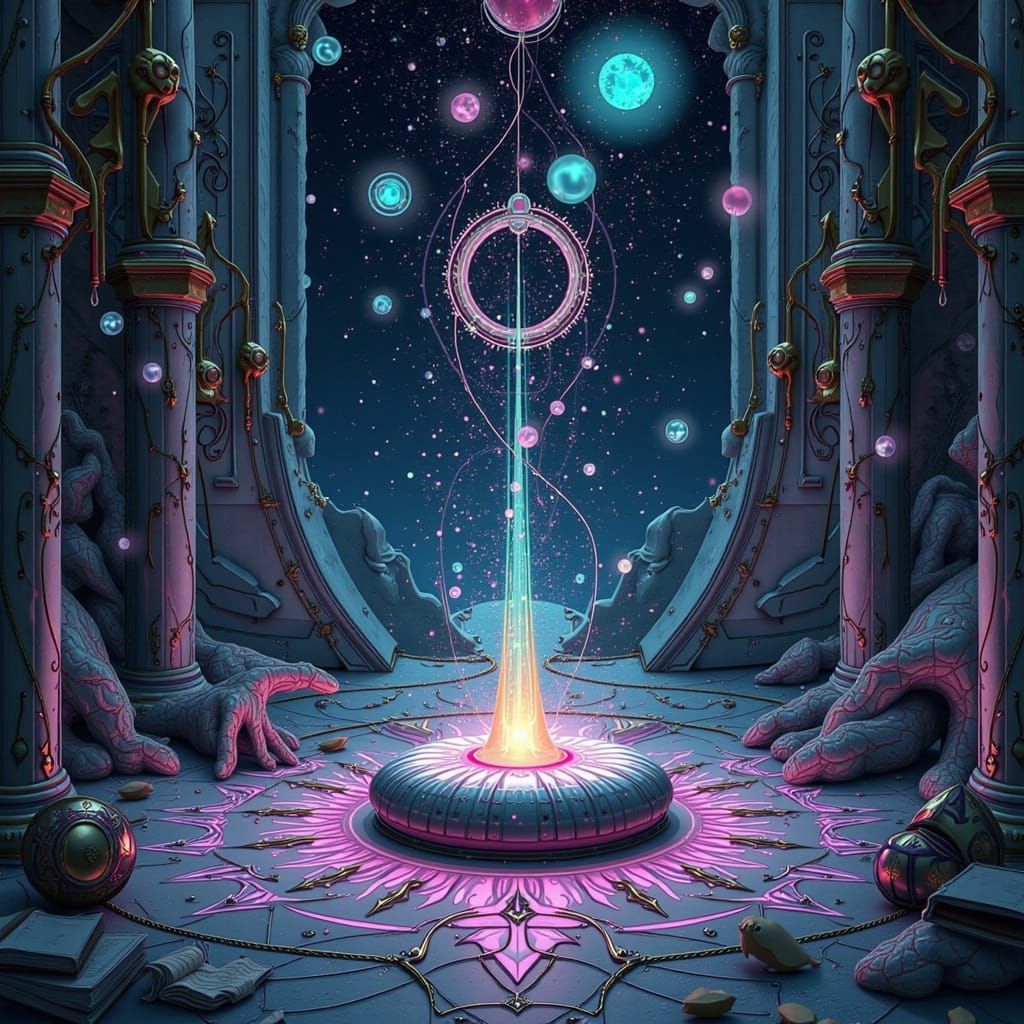 Retrofuturistic 1950s Circuitry Altar with Fluorescent Glow