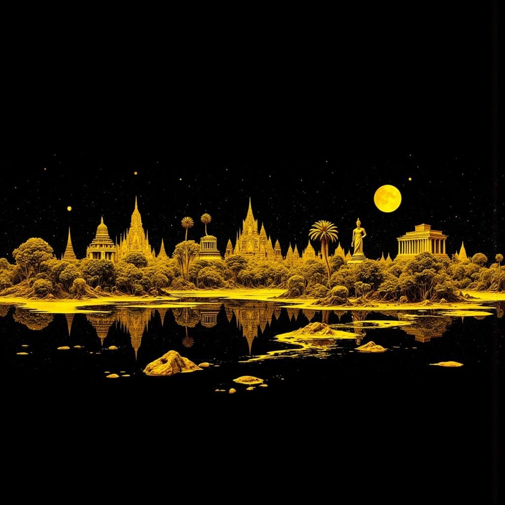 Yellow Wonders on Black Background in Sci-Fi Style