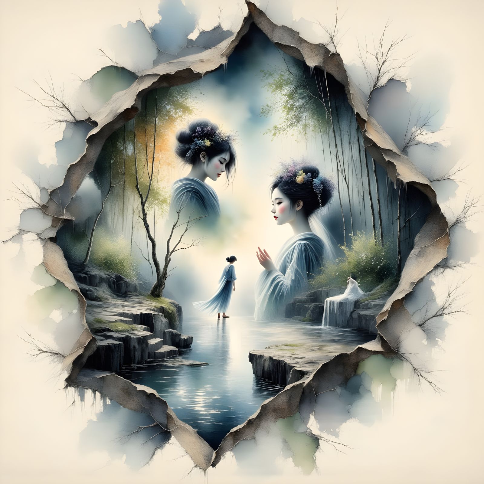 Surreal Geisha Dreamscape in Double Exposure Illustration