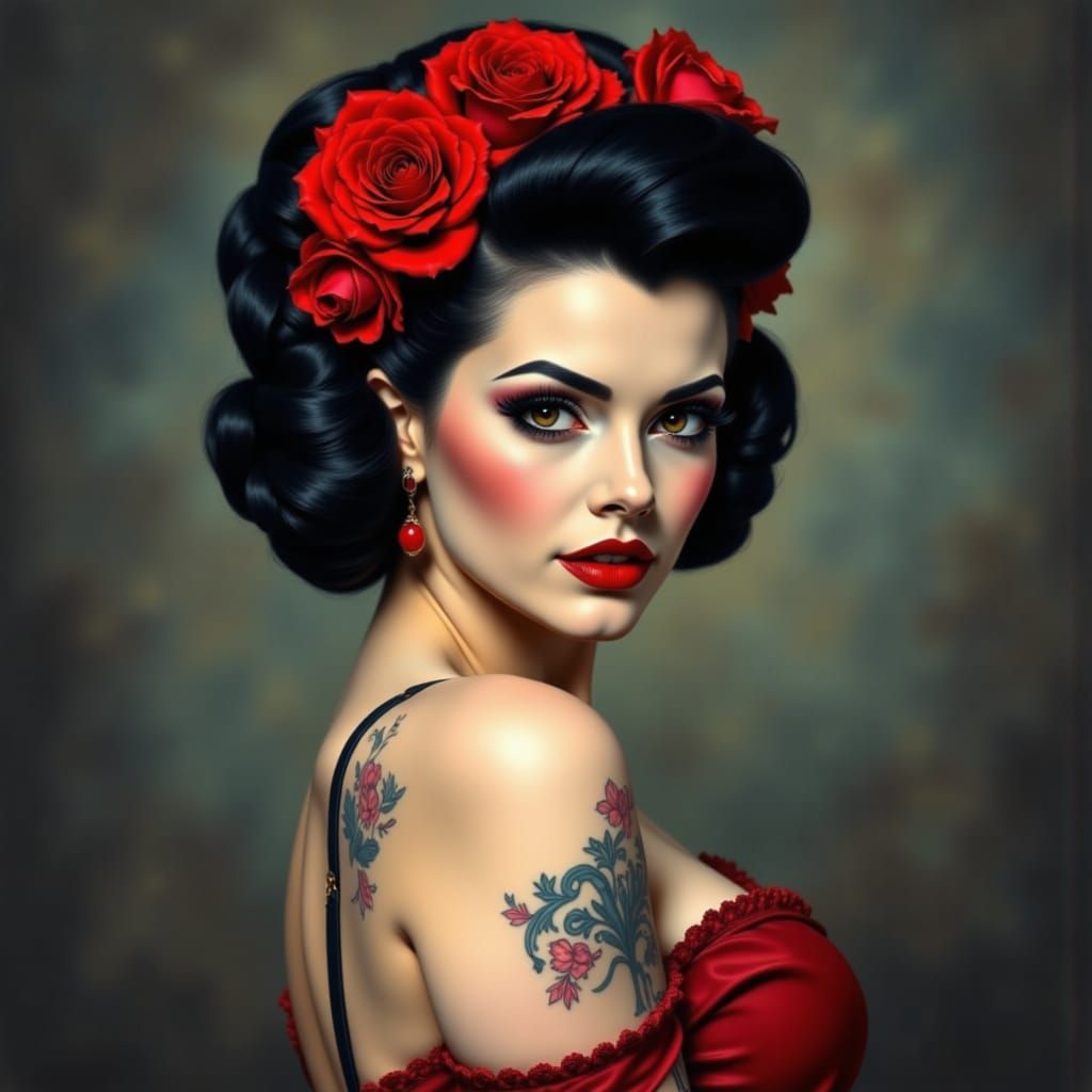 Pin Up Woman with Roses in Hair and Dark Eyes