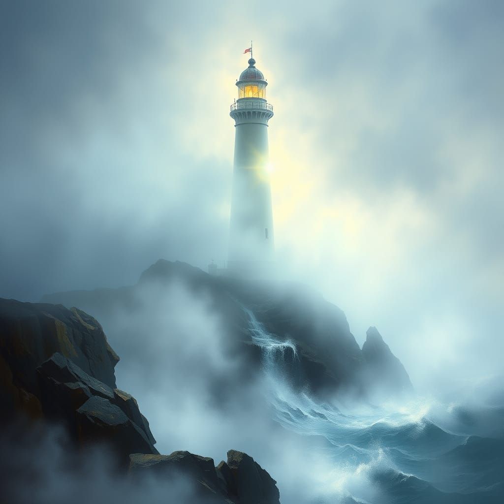 Lighthouse Shines Through Misty Coastal Landscape