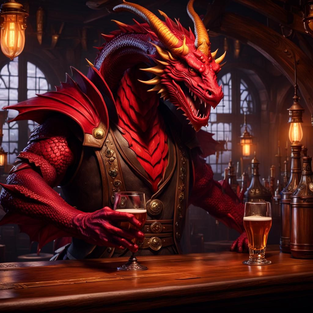 Dragonborn Bartender in Tavern: Dark Fantasy Concept Art