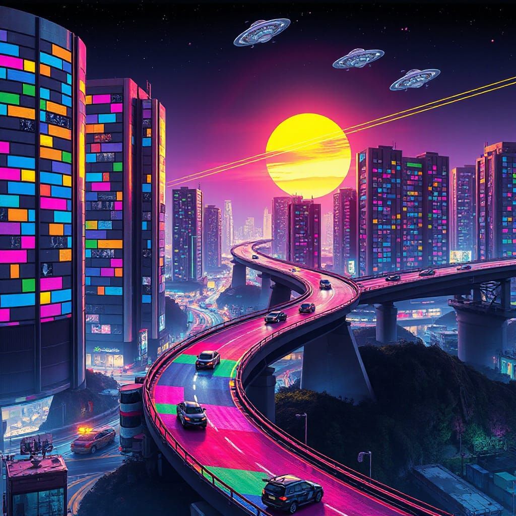 Neon Cyberpunk Cityscape at Night in Graphic Art Style