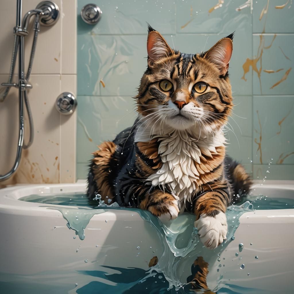 Hyperrealistic Cat and Dog Bathing Together