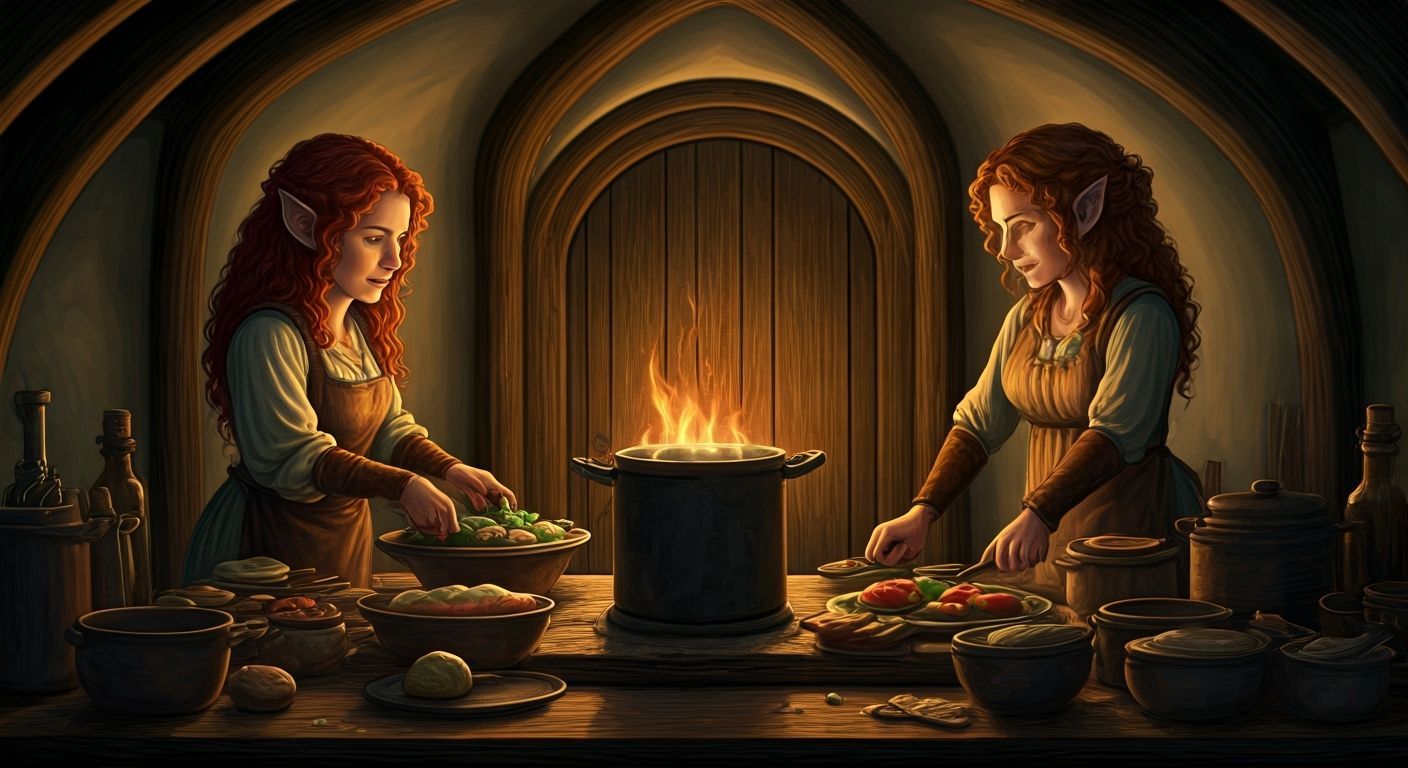 Hobbit Women Prepare Farewell Feast Outdoors