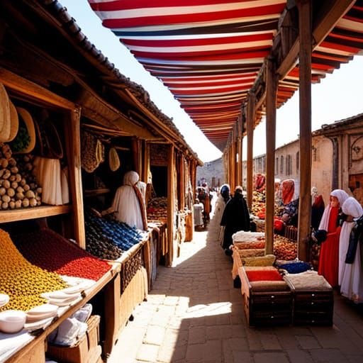 Medieval Market Brimming with Exotic Goods