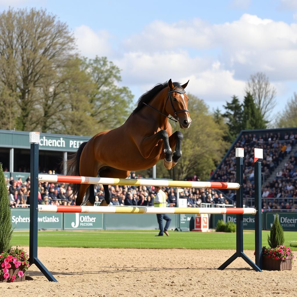 Horse Jumps Hurdles at Equestrian Competition