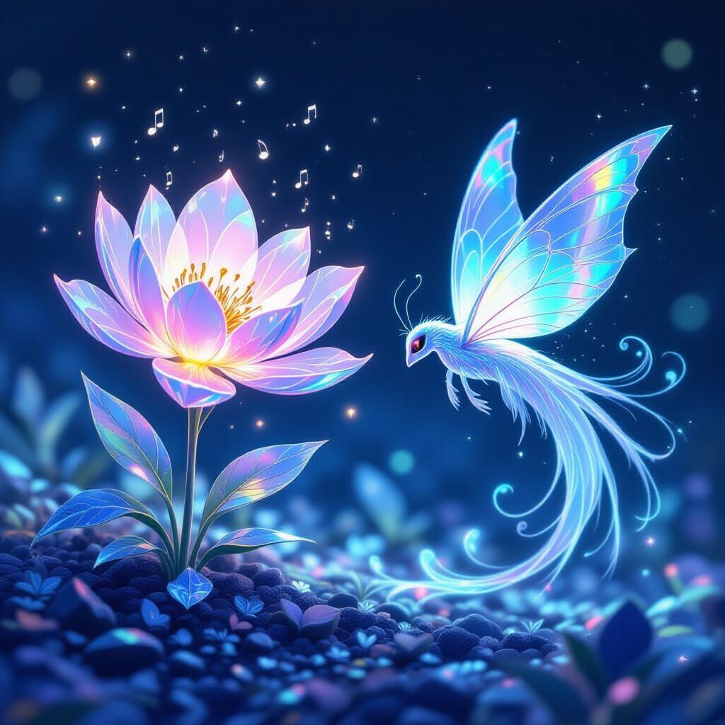 Bioluminescent Flora and Ethereal Creature in Magical Realm